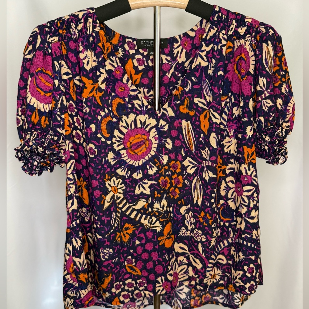 Rachel Zoe XS Floral Puff Sleeve Shirt Rayon Top Purple Orange Boho Blouse